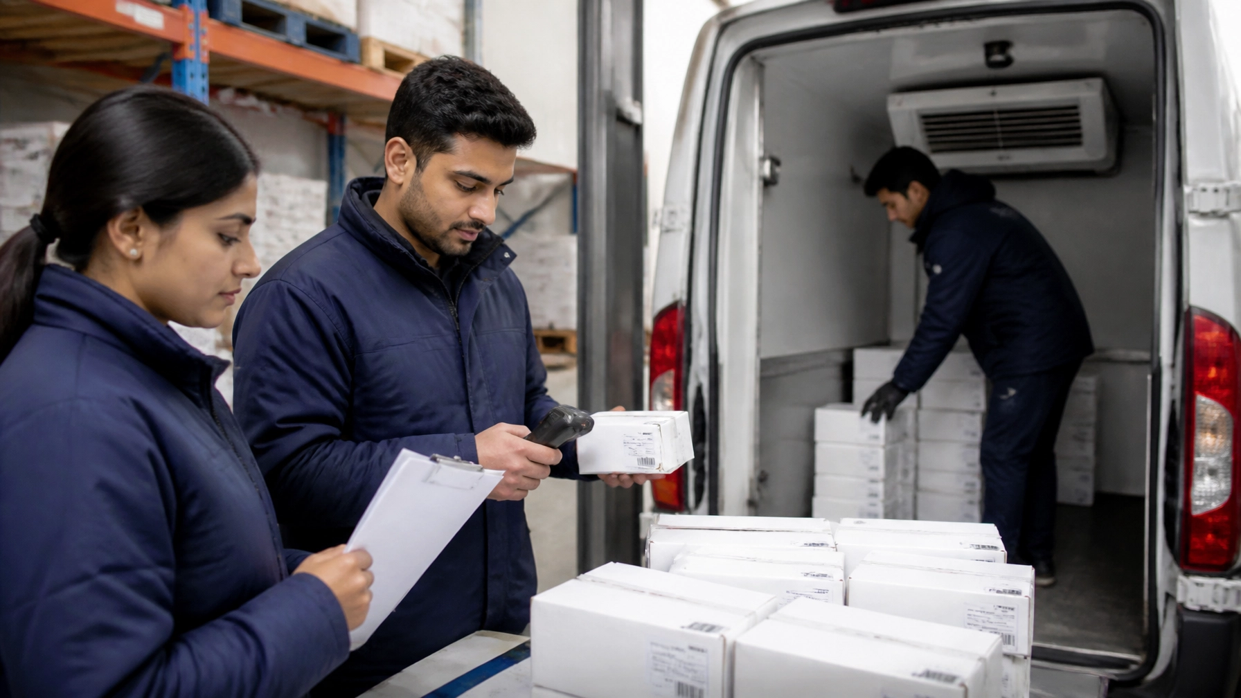Warehouse team verifying pharma shipment documents during loading