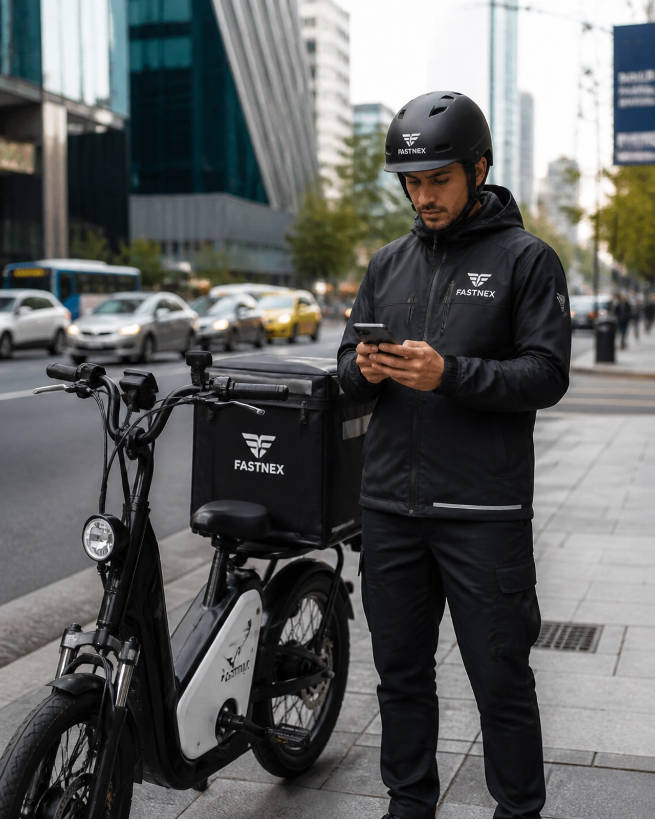 A delivery driver on an electric bike manages routes in a dense urban environment