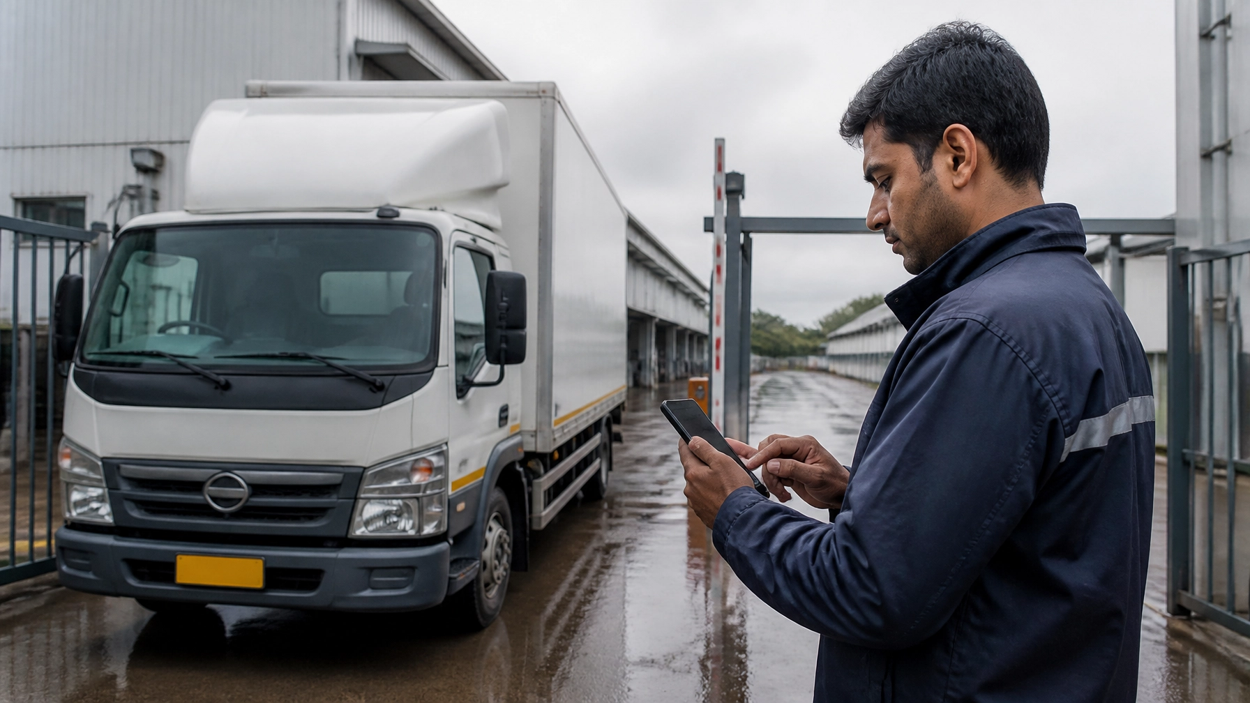 Last-mile retail logistics driver completing a geofenced digital compliance check at a distribution point