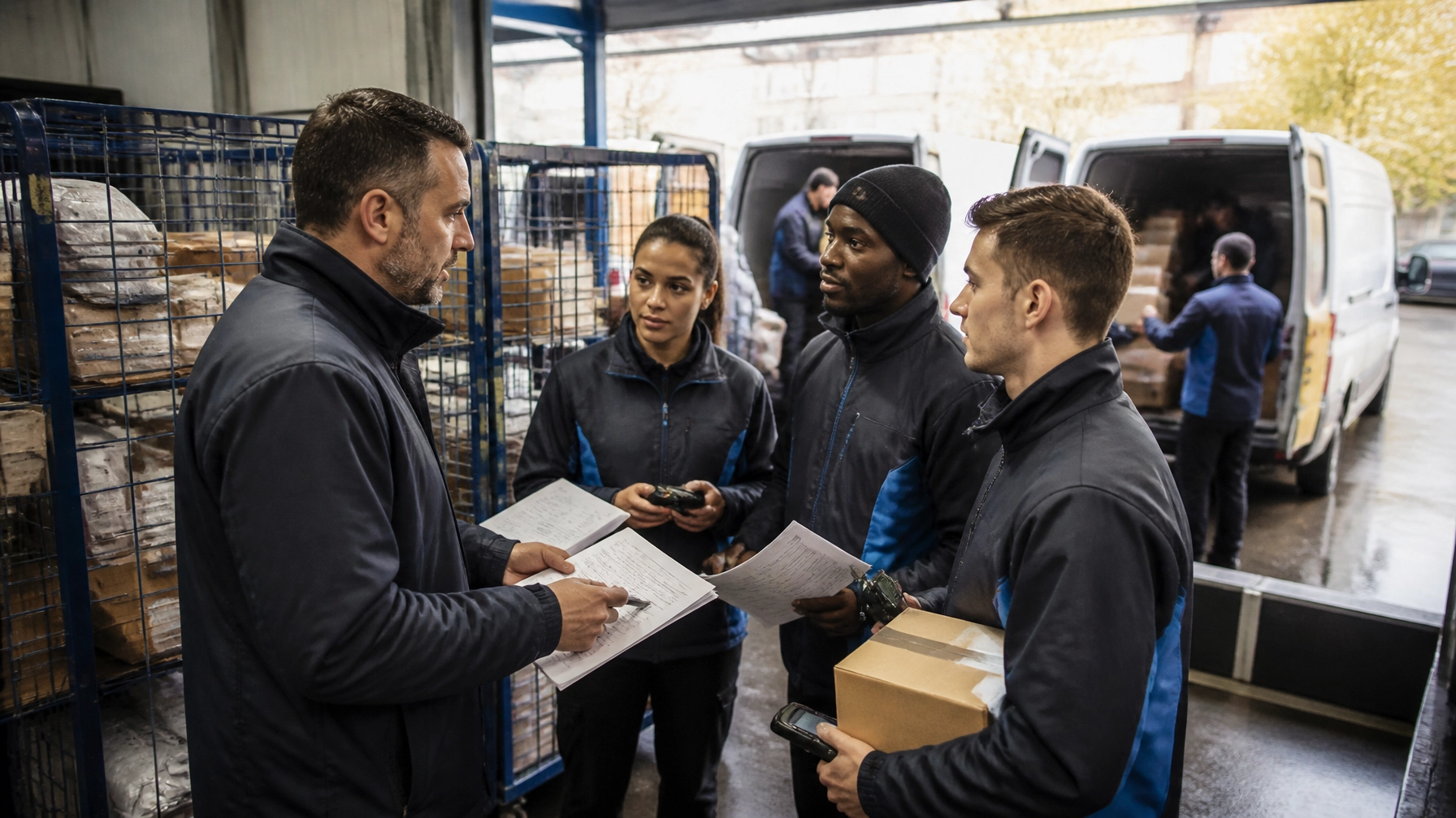 Logistics supervisor and courier team planning dispatch operations in a warehouse staging area