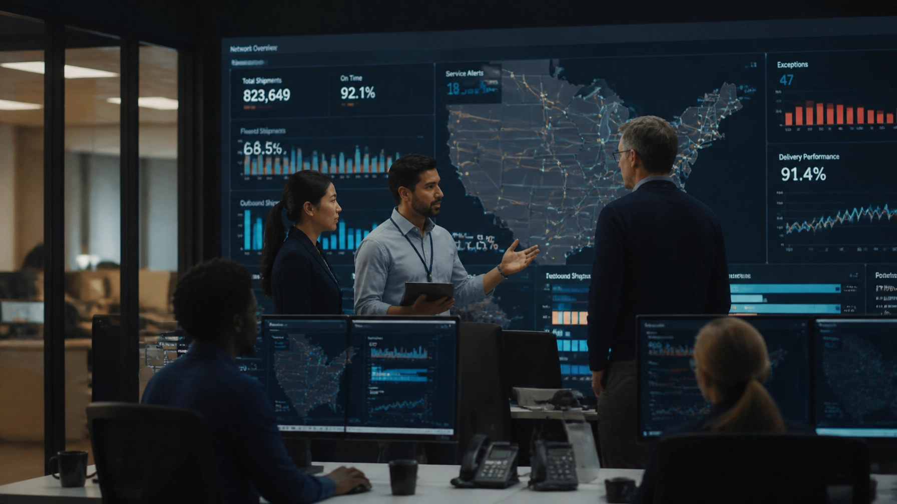 Retail logistics operations team coordinating digital transformation workflows in a control setting