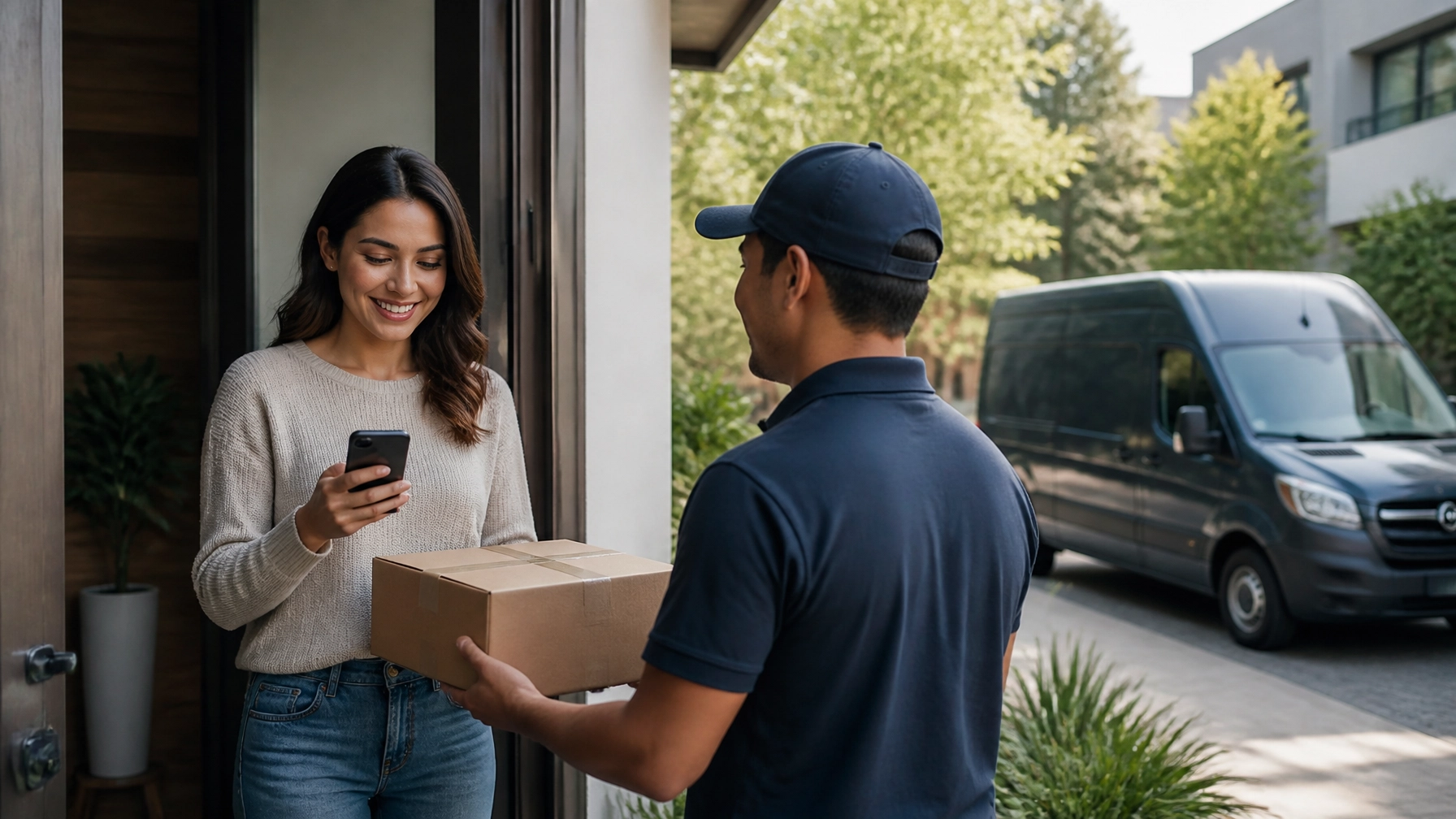 Customer receiving a package at home while checking a delivery notification on a phone