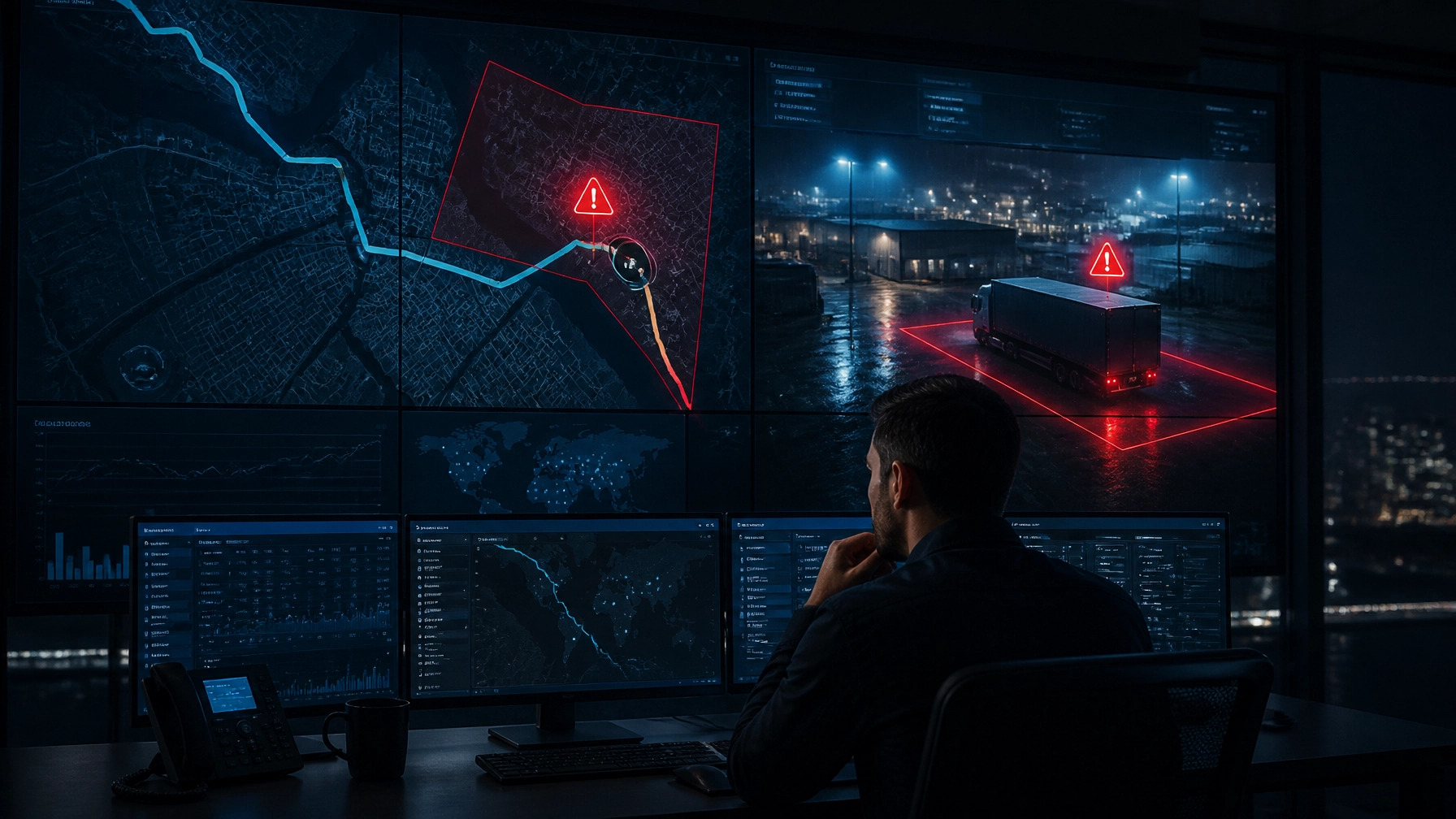 Fleet security analyst monitoring a truck crossing a restricted geofence zone