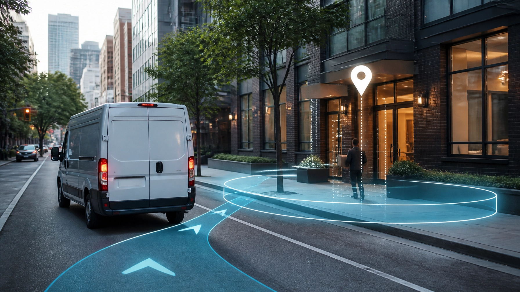 AI GPS-guided delivery van entering a smart geofenced destination zone