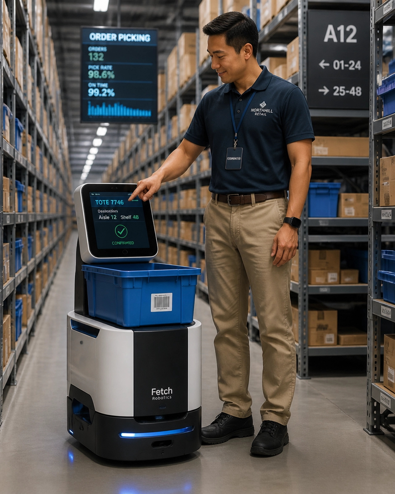 A warehouse coordinator works alongside an automated picking robot in a micro-hub