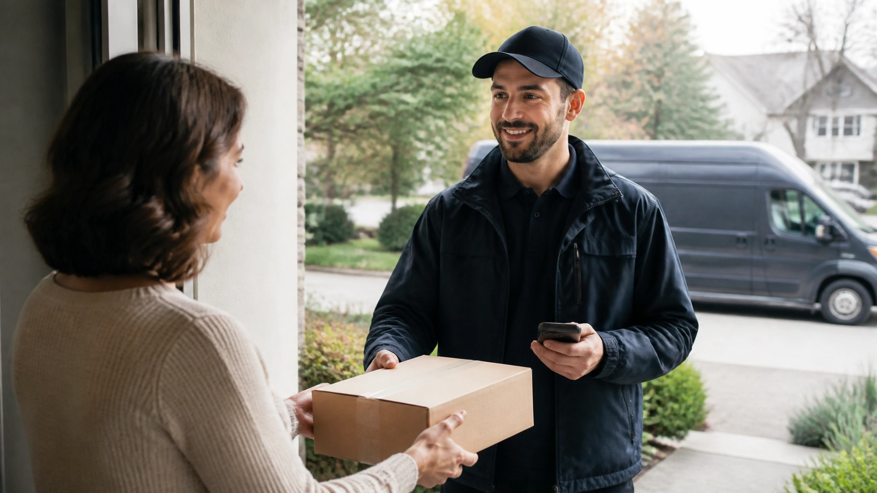 Friendly delivery driver handing a package to a customer while confirming delivery details at the doorstep