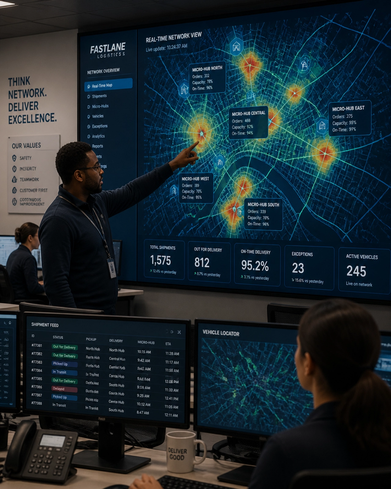 A logistics operator monitors a city-wide micro-hub network on a digital heat map