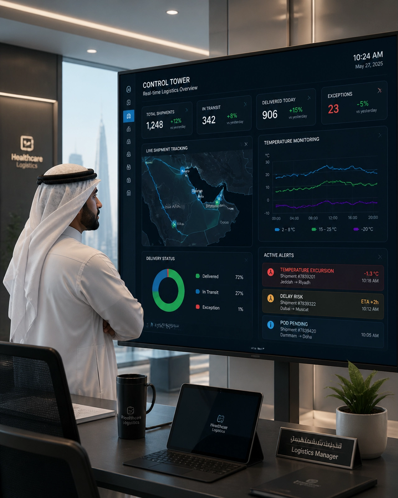 Logistics manager monitoring real-time delivery dashboard