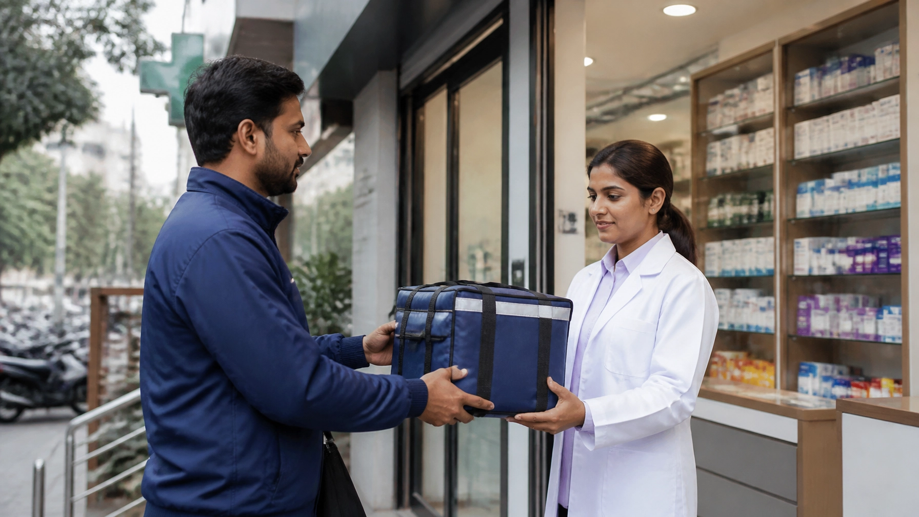 Last-mile pharma delivery handoff at a pharmacy storefront