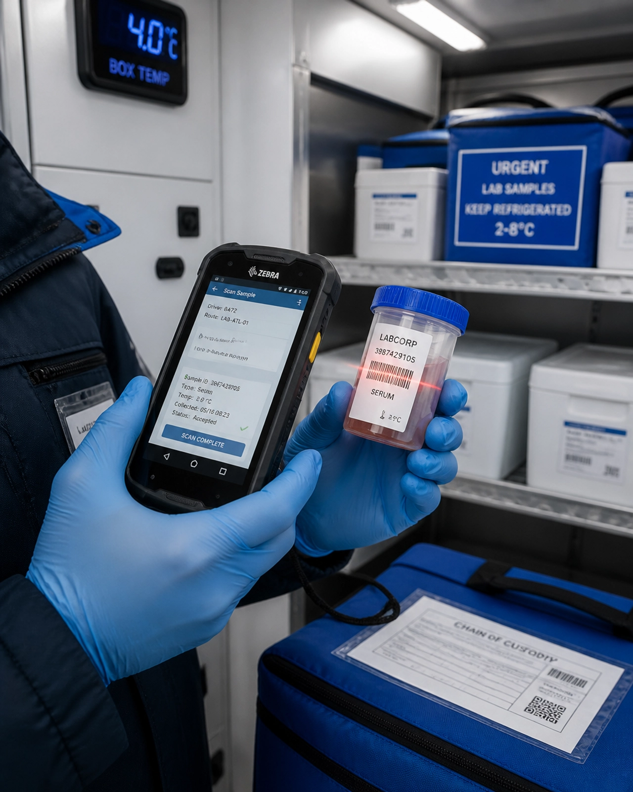Driver scanning a medical lab sample for tracking